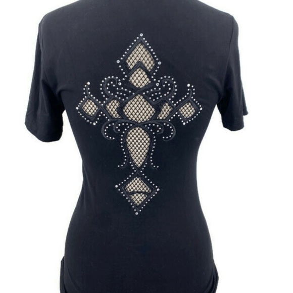 Tee Black Small Mesh See Through Cross Short Sleeve Rhinestones Biker Sexy NWT S - Picture 6 of 7